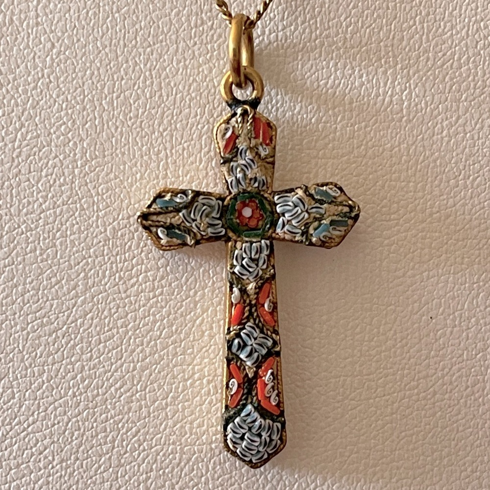 Vintage micro mosaic cross Italy gold tone (vermeil?) chain drop 7.5